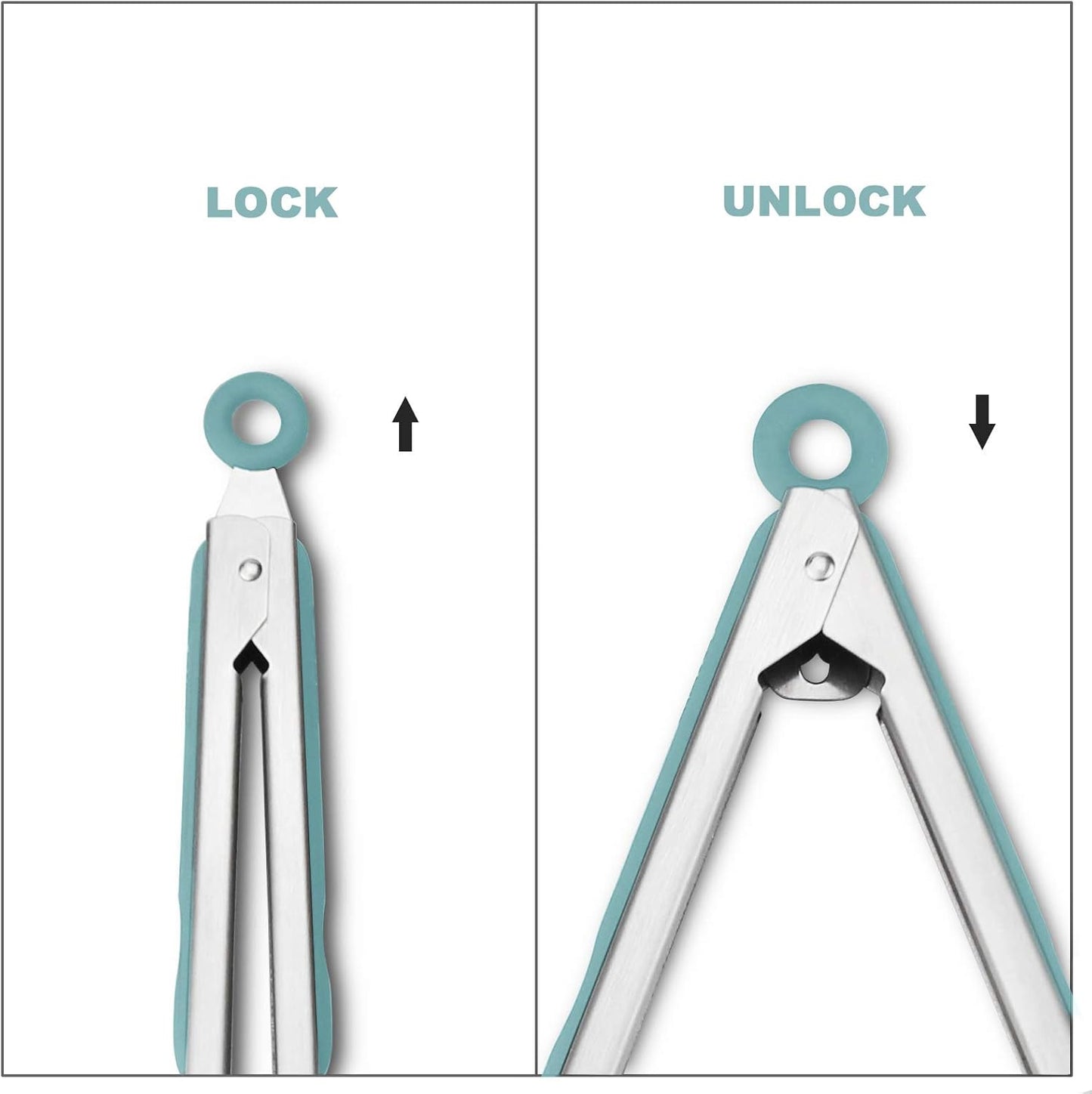 304 Stainless Steel Kitchen Cooking Tongs, 9" and 12" Set of 2 Sturdy Grilling Barbeque Brushed Locking Food Tongs with Ergonomic Grip, Aqua Sky