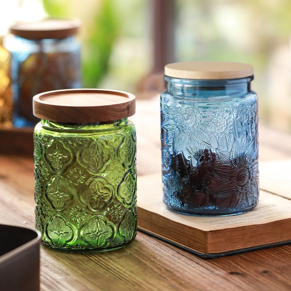 ANSQU 23.7 FL OZ Blue Glass Jars, 2 Pack Vintage Glass Kitchen Storage Counter Jar, Candy Jars with Lids, Mason Jar Hold Coffee Beans, Tea, Cookie, Sugar, Bath Salts & More (Blue, 2 Pack)