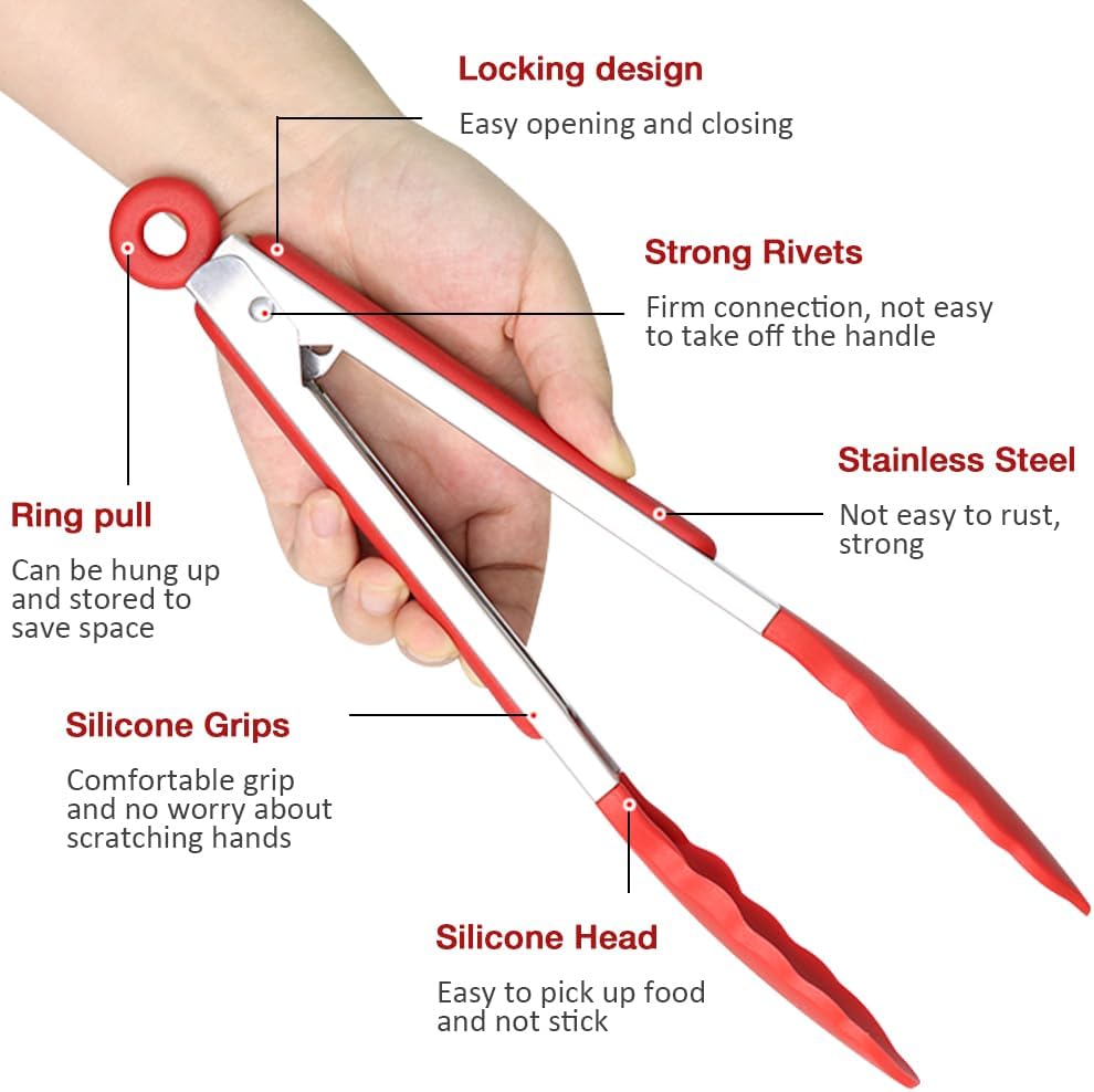 9 Inch Small Kitchen Tongs Set of 3, Silicone Cooking Tongs with Silicone Tips and Stainless Steel Handle, Tongs for Cooking, Serving(Red)