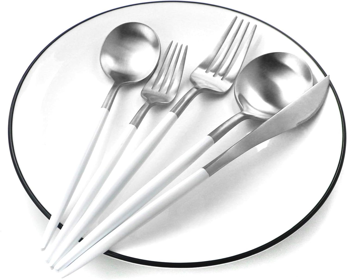 Gugrida White Silver Flatware, Royal 20-Piece Matte White Handle 18/10 Stainless Steel Tableware Sets for 4 Including Forks Spoons Knives, Camping Silverware Travel Utensils Set Cutlery (White Silver)