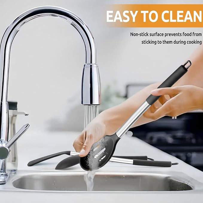 E-far Cooking Utensils Set of 4, Silicone Kitchen Utensils for Non-stick Cookware, Heat Resistant & Non-toxic Slotted Spatula Solid Spoon Turner for Flipping Mixing Serving Basting(Black)