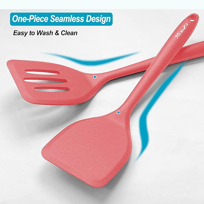 Silicone Spatula Turner Set, High Heat Resistant Spatulas with Seamless One Piece Design, Nonstick Rubber Flippers Utensils for Baking & Cooking,BPA-Free, Red, 11 IN