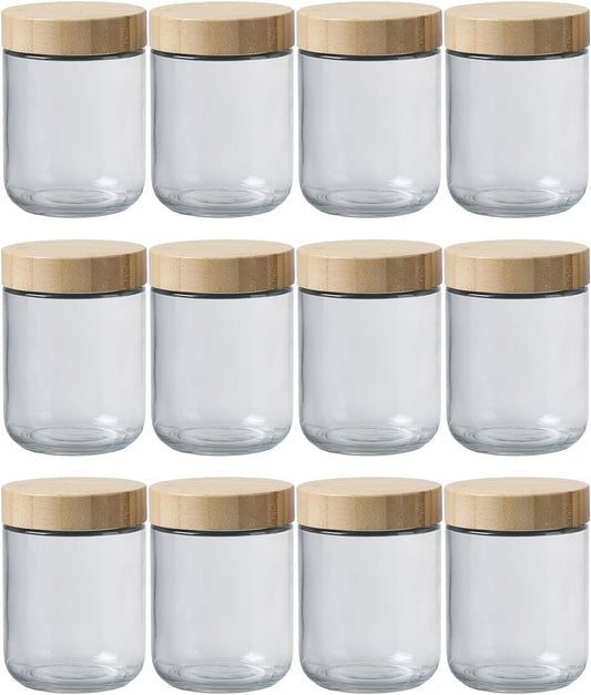16 Oz Overnight Oats Containers 16 OZ Mason Food Jars With Lid Wide Mouth Glass Food Storage For Oats Yogurt Vegetable and Fruit Salad Spices Jam (12 Pack Bamboo Lid)