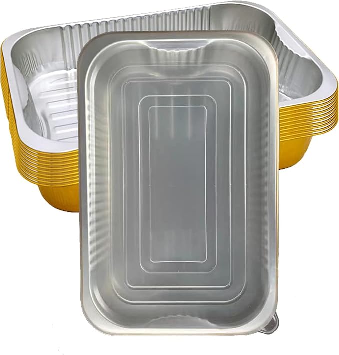 Gold Aluminum Foil Baking Pans with lids Heavy-Duty 9"×13"(10pack+10Lids), Disposable Food containers reusable F330(3500ML)