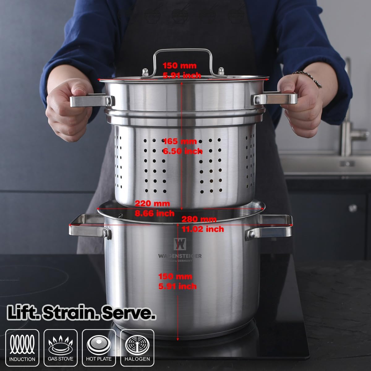 Premium Stainless Steel Asparagus Vegetable Tall Steamer Pot Spaghetti Pasta Stovetop Cooker with Removable Perforated Basket and Lid, Large Size Versatile Cookware (5.2Liters/5.5Quarts)