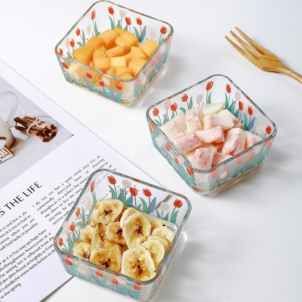 9 OZ Small Flower Candy Dish Floral Candy Bowl Cute Tulip Square Glass Bowl for Snack,Dessert,Fruit,Icecream,Yogurt,Dipping,Prep,Mini Clear Serving Bowl,set of 2
