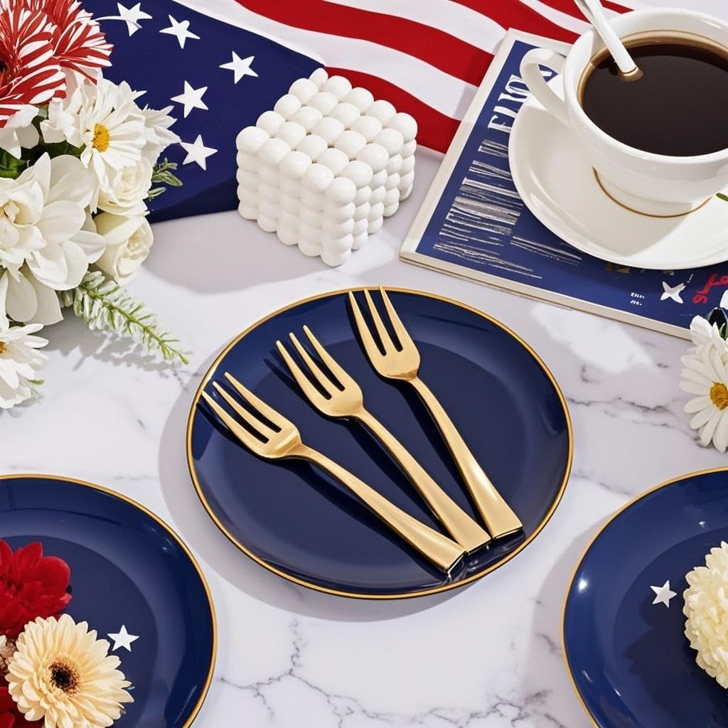 Festiva 200Pcs Navy Blue Gold Dessert Plates 6.3" with Plastic Forks 5"- Small Disposable Plates- Dessert/Cake/Appetizer Plastic Plates include 100Plates 100Forks for Christmas Party & Hanukkah