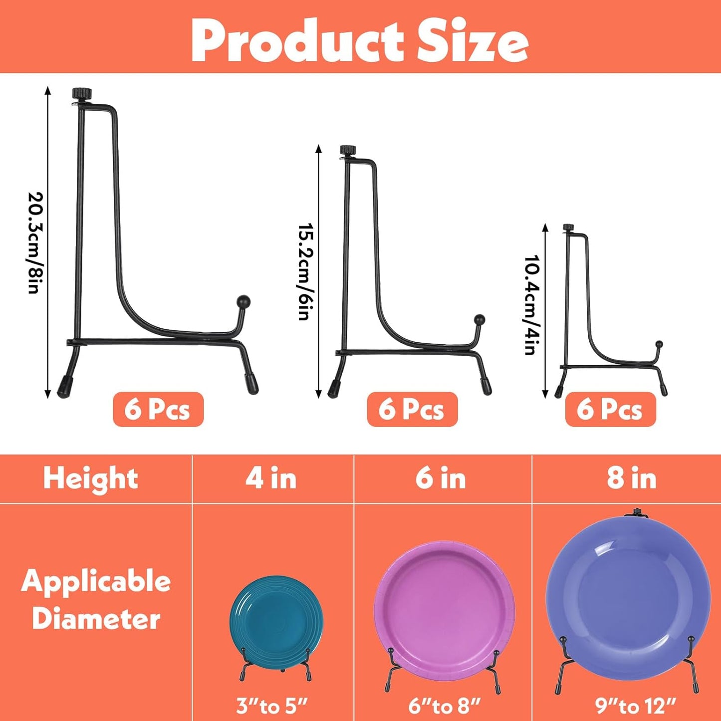 18Pcs Black Iron Plate Stands for Display, 3 Size Anti Slip Easel Plate Holder 4, 6, 8 Inch Decorative Metal Display Stand for Picture Photos Frame Plaque Decorative Platter Table Artwork