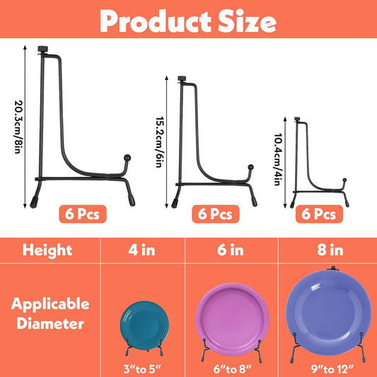 18Pcs Black Iron Plate Stands for Display, 3 Size Anti Slip Easel Plate Holder 4, 6, 8 Inch Decorative Metal Display Stand for Picture Photos Frame Plaque Decorative Platter Table Artwork