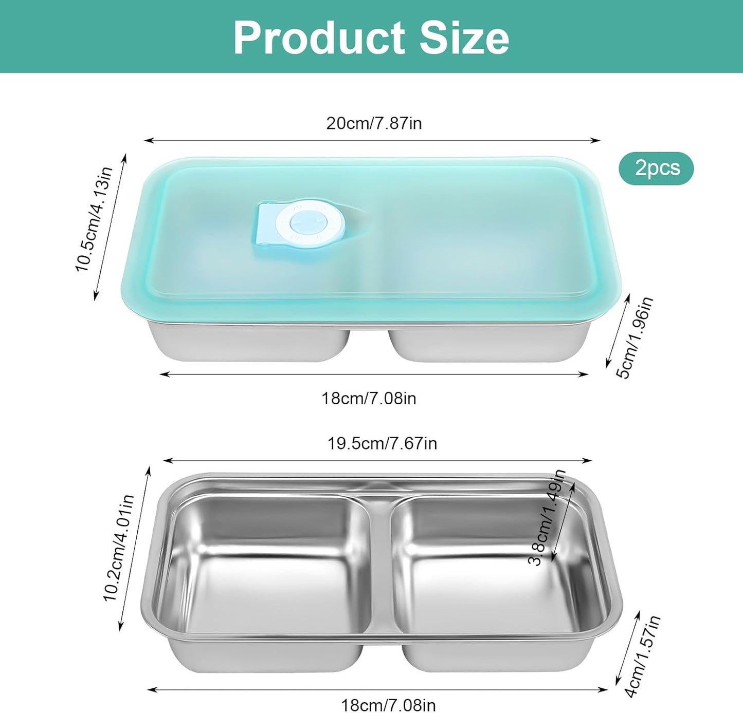 Stainless Steel Snack Containers, 2 Pack Double Compartment Food Storage Containers with Lids, Containers Reusable Stainless Steel Divided Meal for Travel Outdoor Camping