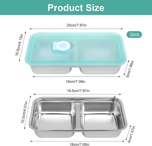 Stainless Steel Snack Containers, 2 Pack Double Compartment Food Storage Containers with Lids, Containers Reusable Stainless Steel Divided Meal for Travel Outdoor Camping