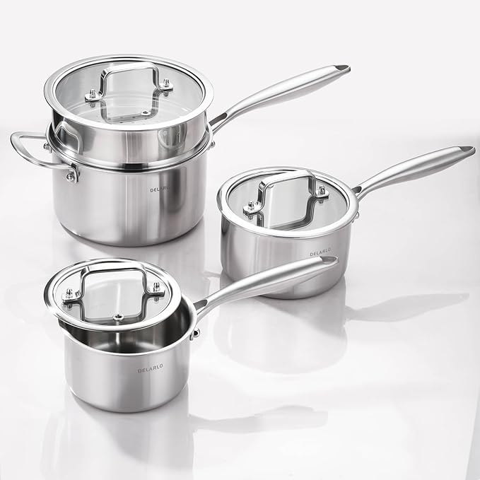 DELARLO Kitchen Pot Set, Tri-Ply Stainless Steel Saucepan Set, 1.0QT 2QT 3.5QT, Cooking Set, Fast Even Heat, Saucepan set Compatible with all Cooktops 600℉（Lids 300℉） 3.5QT Pot with a Steamer