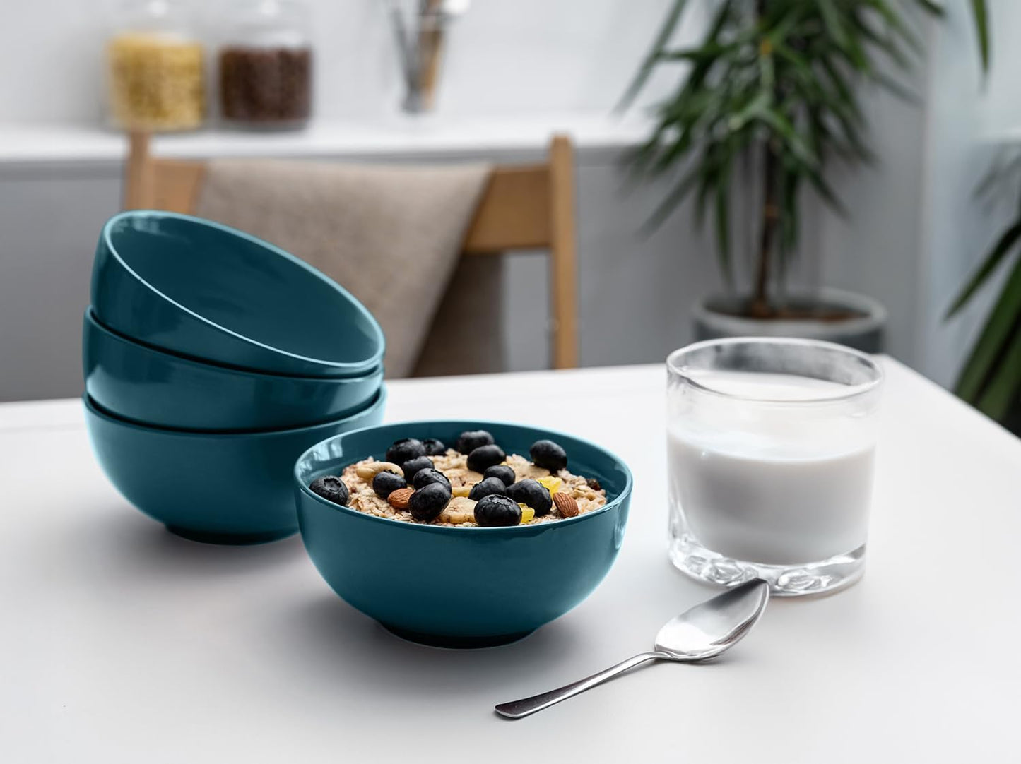 KooK Soup Bowls, Cereal Bowl, Ceramic, Bowls for Kitchen, Microwave, Dishwasher and Freezer Safe, Porcelain Dishes for Pasta, Salad, Oatmeal, Deep Interior, 20 oz, Set of 6, (Teal)