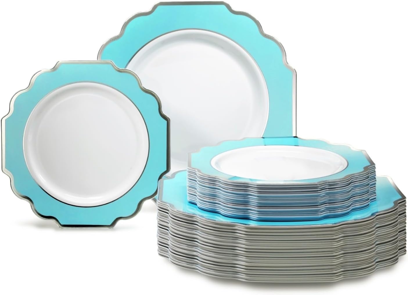 " OCCASIONS " 80 Plates Pack,(40 Guests) Heavyweight Premium Wedding Party Disposable Plastic Plates Set -40 x 10.5'' Dinner + 40 x 8'' Salad/Dessert (Imperial Aqua & Silver)