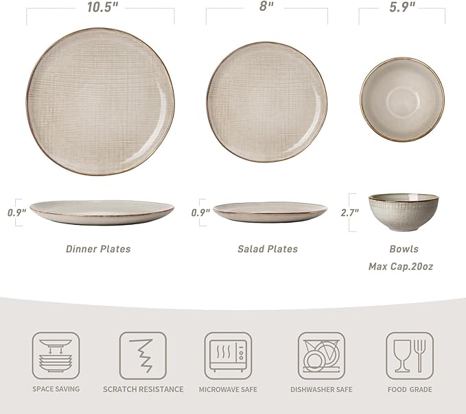 Famiware Moonlight Plates and Bowls Sets, 24 Pieces Stoneware Dinnerware Sets with Linen Finish, Dishware set for 8, Microwave and Dishwasher Safe, Chip and Scratch Resistant, Summer Sand