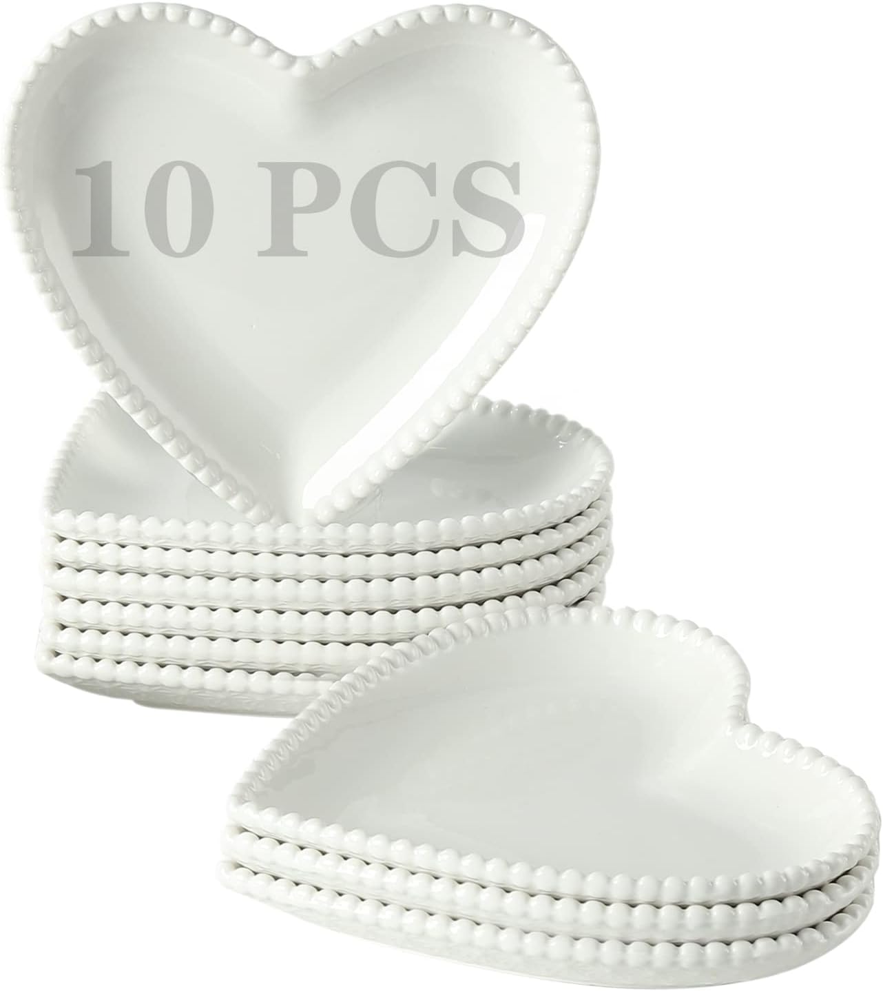 6.3 Inch Porcelain Appetizer Plates Set of 10, Heart Shape Small Dinner Plates, White Dessert Salad Plates Serving Dishes for Cake, Snack, Ice Cream, Waffles, Microwave, Oven, Dishwasher Safe