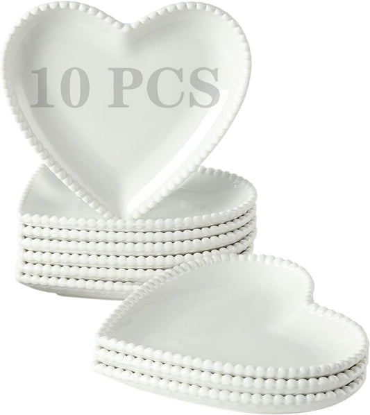 6.3 Inch Porcelain Appetizer Plates Set of 10, Heart Shape Small Dinner Plates, White Dessert Salad Plates Serving Dishes for Cake, Snack, Ice Cream, Waffles, Microwave, Oven, Dishwasher Safe