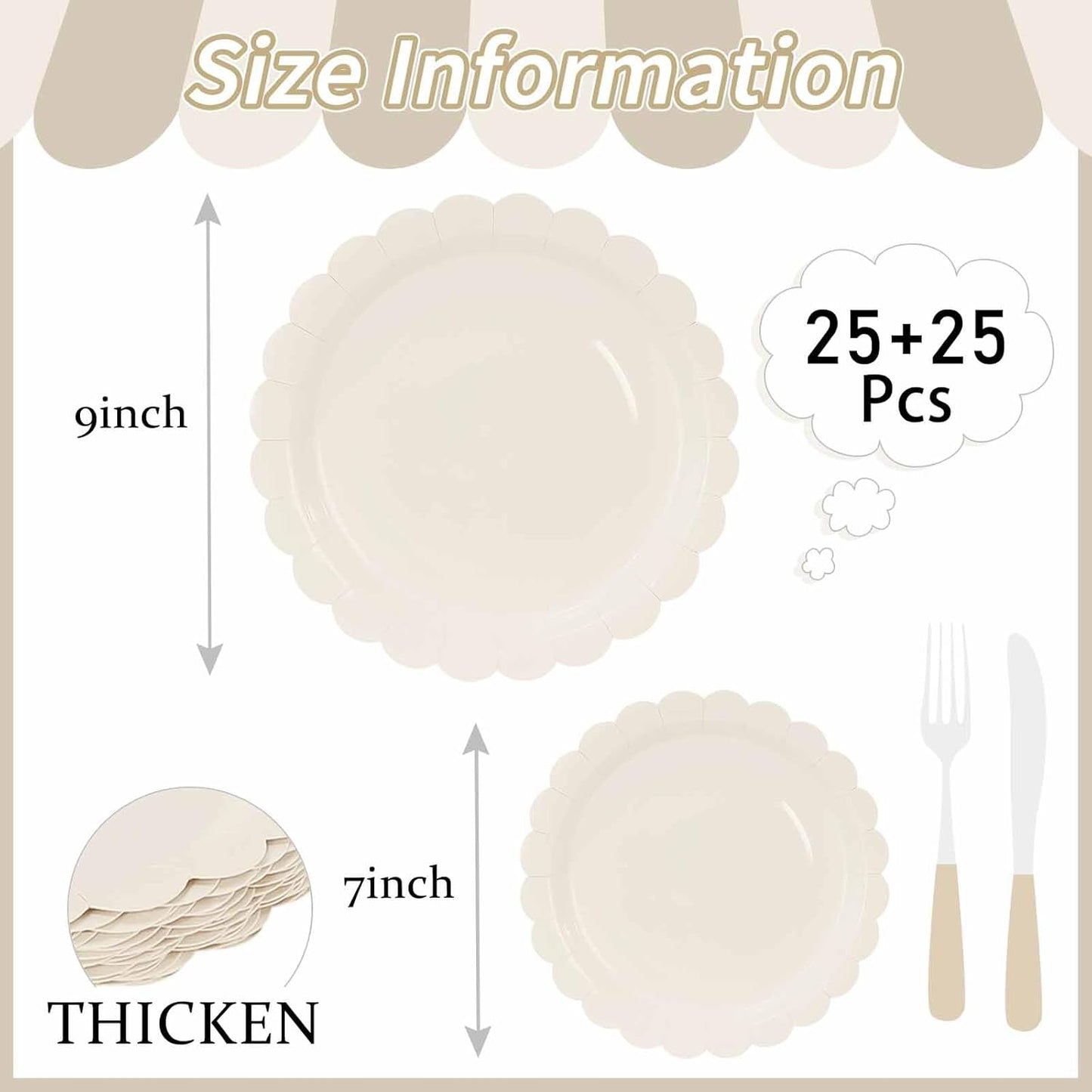 50 Pcs Ivory Scalloped Paper Plates 25 × 7'' and 25 × 9'' Disposable Ivory Scalloped Dinner Plates for Wedding Baby Shower Birthday Party Disposable Dessert Plate