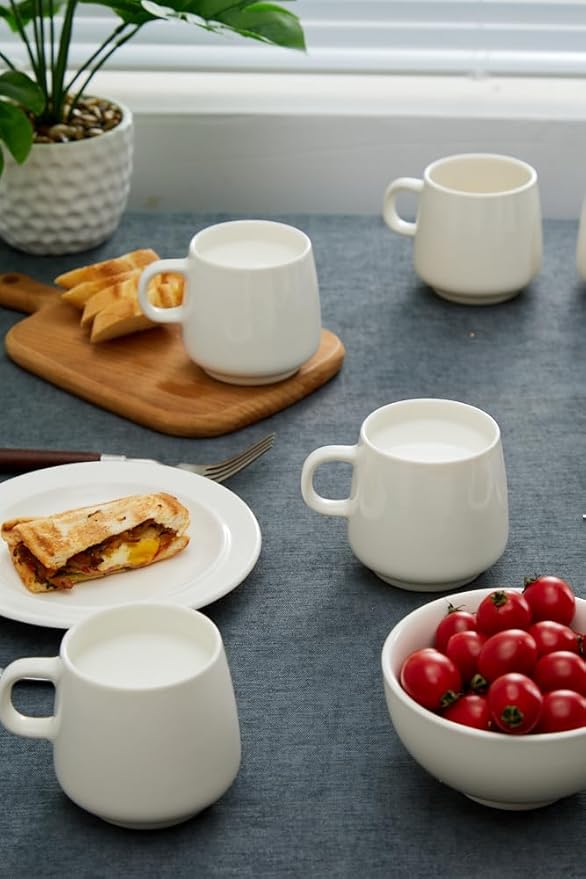 11 Ounce Porcelain Coffee Mugs Set of 6 with Handle Perfect for Coffee, Tea, Milk, Chocolate and Latte, Ceramic Coffee Cups Set for Man and Woman (White)