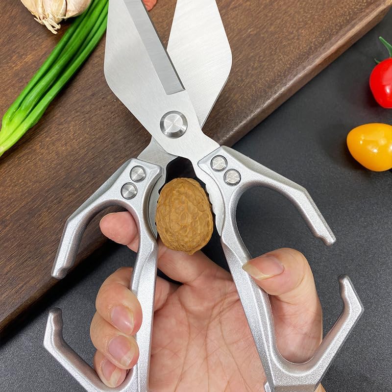Multifunctional Heavy-Duty Kitchen Shears, Poultry Shears with Ergonomic Handle, High-Carbon Steel Culinary Shears for Chicken, Meat, Seafood, Bone Cutting, Dishwasher Safe (Silver)