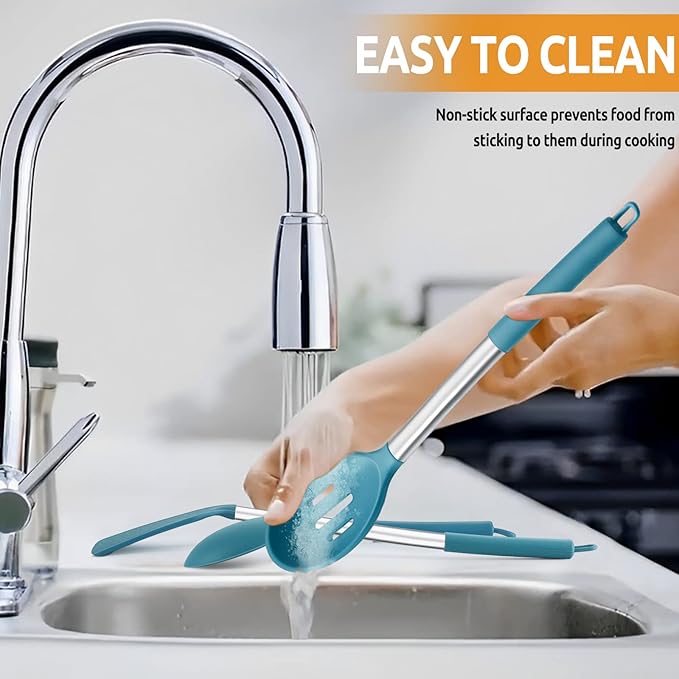 Cooking Utensils Set of 4, E-far Silicone Kitchen Utensils for Non-stick Cookware, Heat Resistant & Non-toxic Slotted Spatula Solid Spoon Turner for Flipping Mixing Serving Basting(Teal Blue)