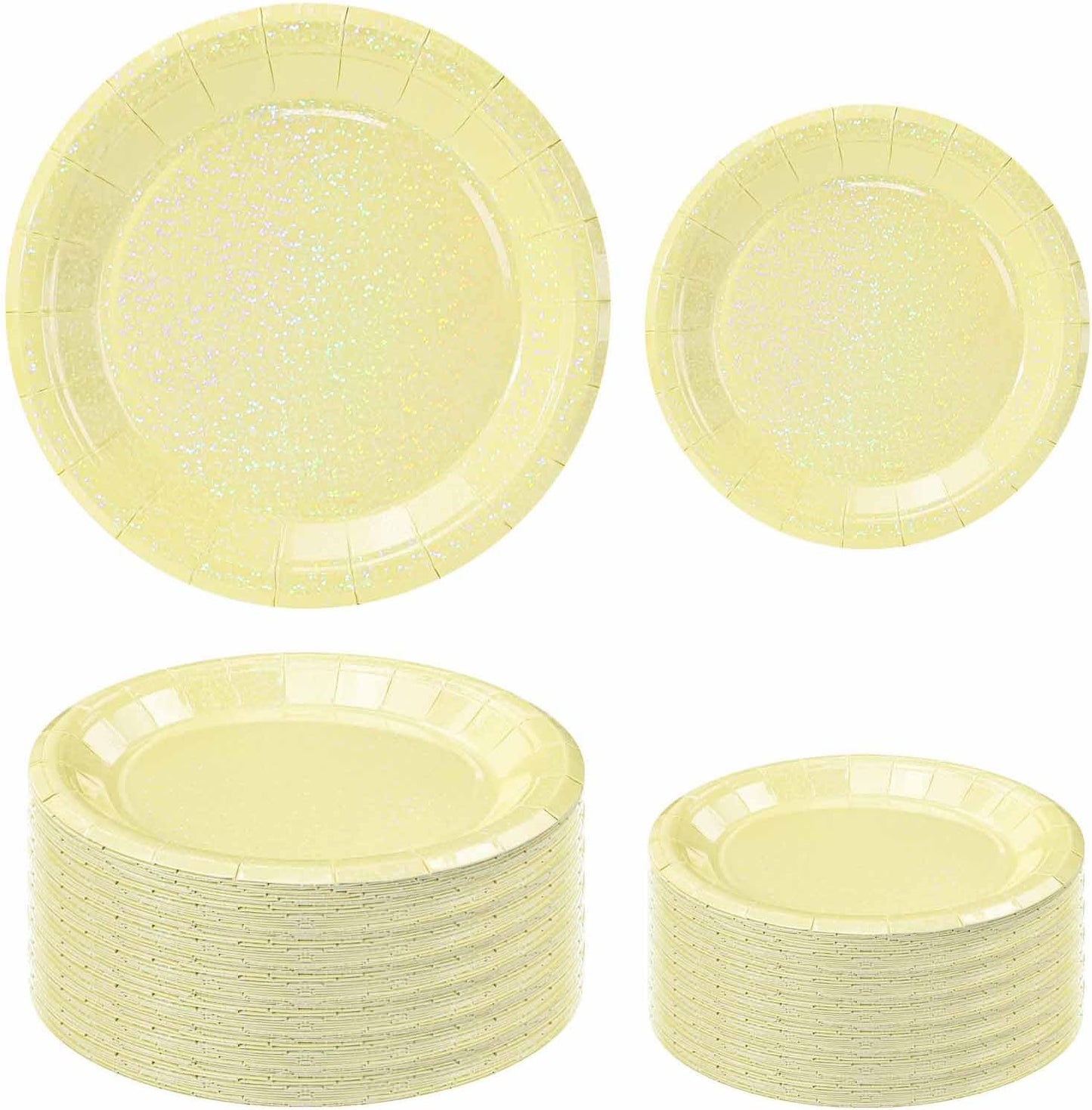 50 Pcs Iridescent Yellow Paper Plates 25 × 7'' and 25 × 9'' Disposable Yellow Shiny Holographic Foil Dinner Plates for Wedding Baby Shower Birthday Thanksgiving Party Glitter Dessert Plate
