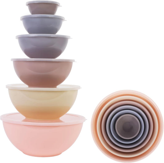 BoxedHome BPA Free Plastic Round Mixing Bowl with Lids, 12 Pack Nesting Bowls with Lids Set, Microwave and Dishwasher Safe Prep & Serving Bowls Great for Mixing, Baking, Serving (Khaki Pink, 12pcs)