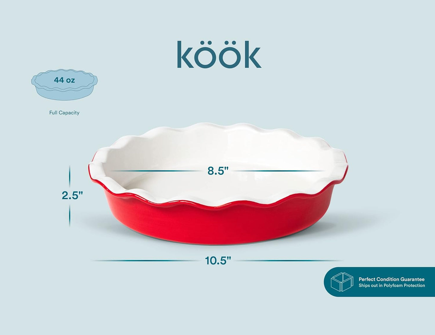 KooK Deep Dish Pie, Pecan Dessert Dish, Porcelain, Ceramic, Deep Dish Plate 10 Inch, Apple Pie, Ruffled Wave Edge, Reusable Round Pan, Oven and Dishwasher Safe, 44 Oz, (Cherry)