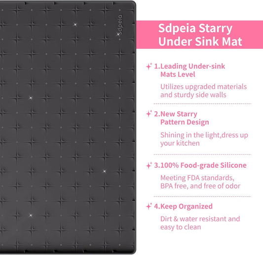 Sdpeia Under Sink Mat 34"×22" – Waterproof Silicone Cabinet Liner & Sink Protector for Kitchen & Bathroom, Multi-Purpose Organizers Tray for Pets, Laundry, Cat Litter Mat, Black