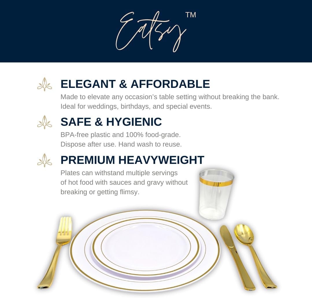 Tableware Dinnerware Set, Premium Heavyweight, Reusable or Disposable Party Plates, Includes Dinner Plate, Dessert Plate, Cutlery, and Cup (Gold, 150-Piece Set, Serves 25 Guests)