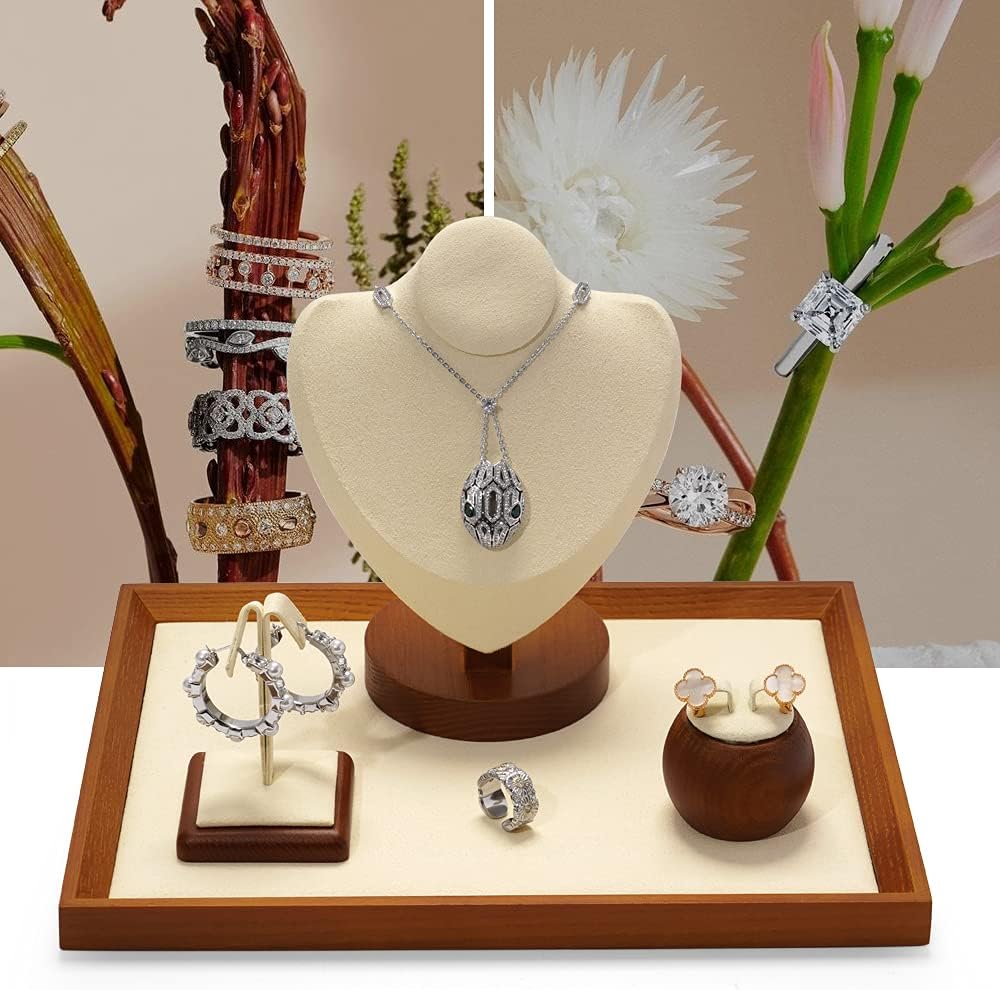 Oirlv Solid Wood Flat Jewelry Tray, Rectangle Jewelry Display Tray, Drawer Dresser or Nightstand Organizer, Microfiber Valet Plate, Catchall Plate(Creamy-White, Large)