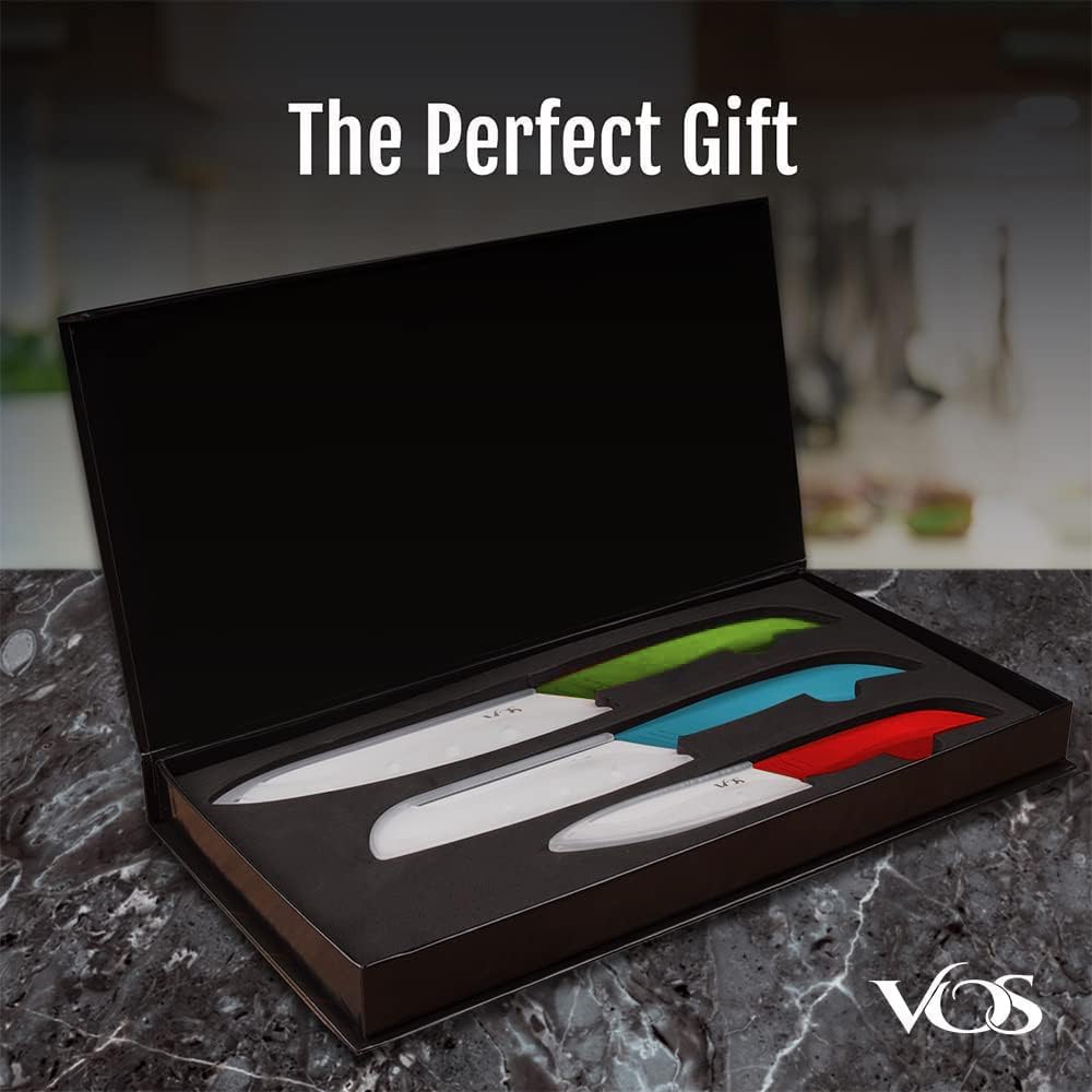 Vos Ceramic Knife Set in Elegant Gift Box, Ceramic Knives Set For Kitchen, Ultra Sharp Kitchen Knife Set with Covers, 4" 5" 6" Paring, Santoku & Chef Knife, Lightweight, Dishwasher safe (Multi-Color)