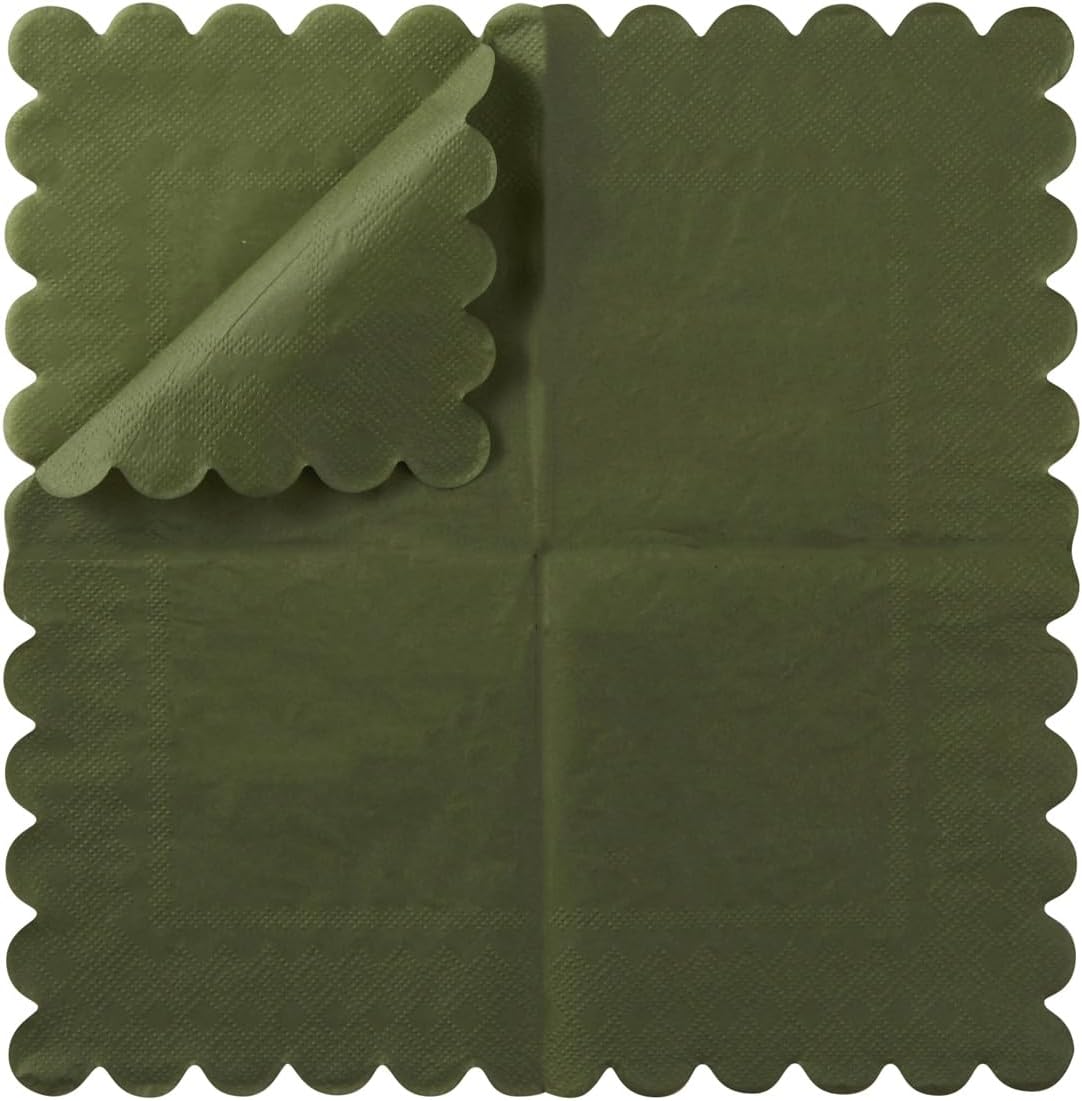 100 Pack Cocktail Napkin 2-Ply Scalloped Edged Dessert Napkins Folded 5 x 5 Inches Disposable Napkins for Dinner Wedding Birthday Party Bridal Anniversary Reception Event (Green)
