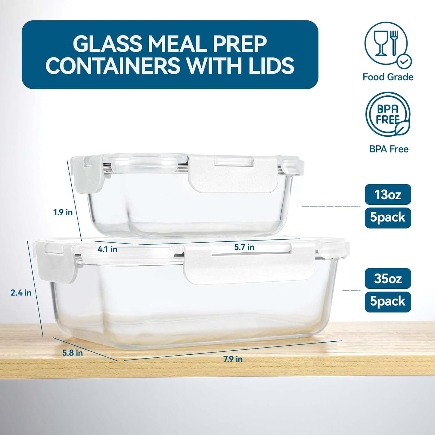 BAYZZ 10 Pack Glass Meal Prep Containers, Glass Food Storage Containers with Lids, Airtight Lunch Box, Freezer,Oven,Microwave and Dishwasher Safe,White