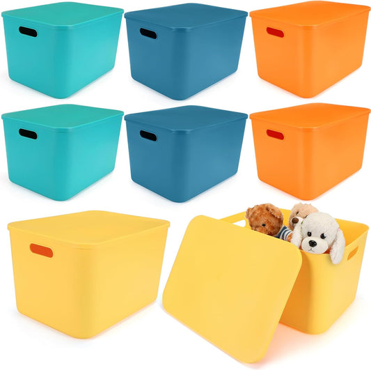 Hoolerry 8 Pieces Colorful Storage Bins with Lid, Plastic Storage Basket Organizing Container Stackable Box with Handle for Shelves Desktop Playroom Office(16.1 x 12.0 x 9.7 Inch,Multi-colored)