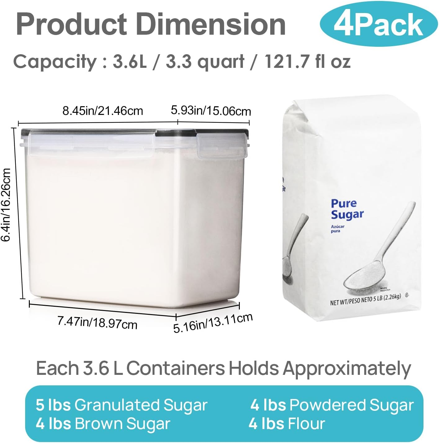 Vtopmart Food Storage Containers 3.3 quart / 3.6L, 4 Pieces BPA Free Plastic Airtight Canister for Flour, Sugar, Baking Supplies, with 4 Measuring Cups and 24 Labels,Black