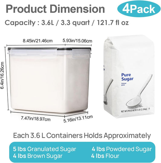 Vtopmart Food Storage Containers 3.3 quart / 3.6L, 4 Pieces BPA Free Plastic Airtight Canister for Flour, Sugar, Baking Supplies, with 4 Measuring Cups and 24 Labels,Black