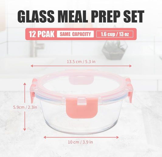 12 Pack 13oz Small Glass Food Storage Containers with Lids Airtight, Leak-Proof Round Meal Prep Containers Set, Freezer to Microwave Safe, Dishwasher Safe