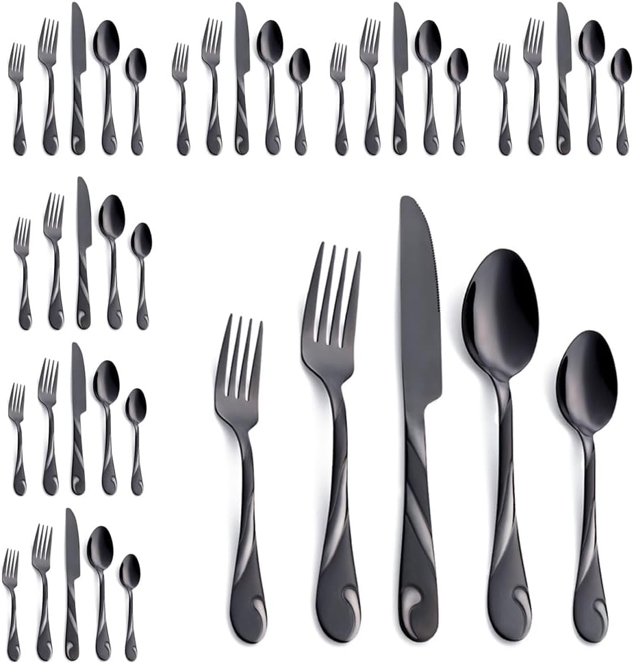 Black Silverware Set for 8, 40-Piece Stainless Steel Flatware Set, Shiny Black Metal Cutlery Set, Include Fork, Knife and Spoon Set, Dishwasher Safe