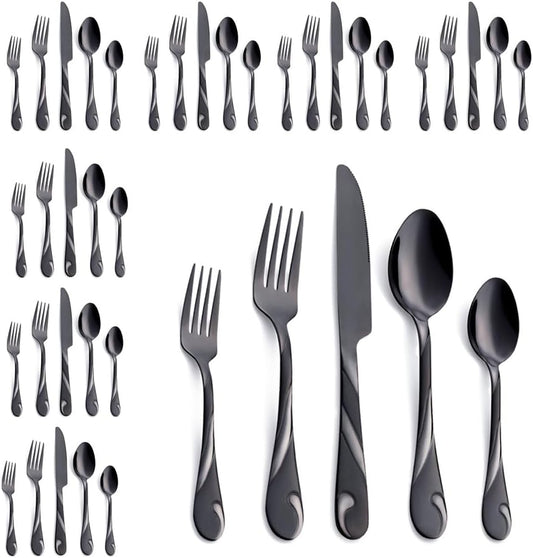 Black Silverware Set for 8, 40-Piece Stainless Steel Flatware Set, Shiny Black Metal Cutlery Set, Include Fork, Knife and Spoon Set, Dishwasher Safe