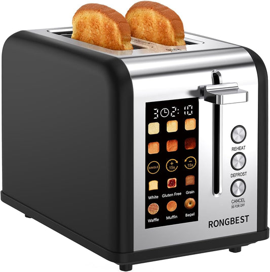 2 Slice Touch Screen Toaster, Stainless Steel Toaster with Wide Slots for Bagels and Bread, Reheat/Defrost/Cancel Functions, Removable Crumb Tray, Matt Black