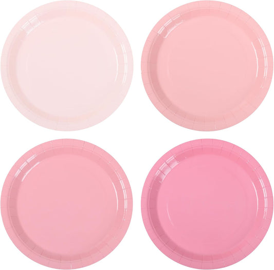 48Pcs Pink Paper Plates Gradient Color Party Plate 9 Inch Disposable Round Dinner Dessert Plates for Pink Bow Birthday Wedding Baby Bridal Shower Coquette Party Supplies
