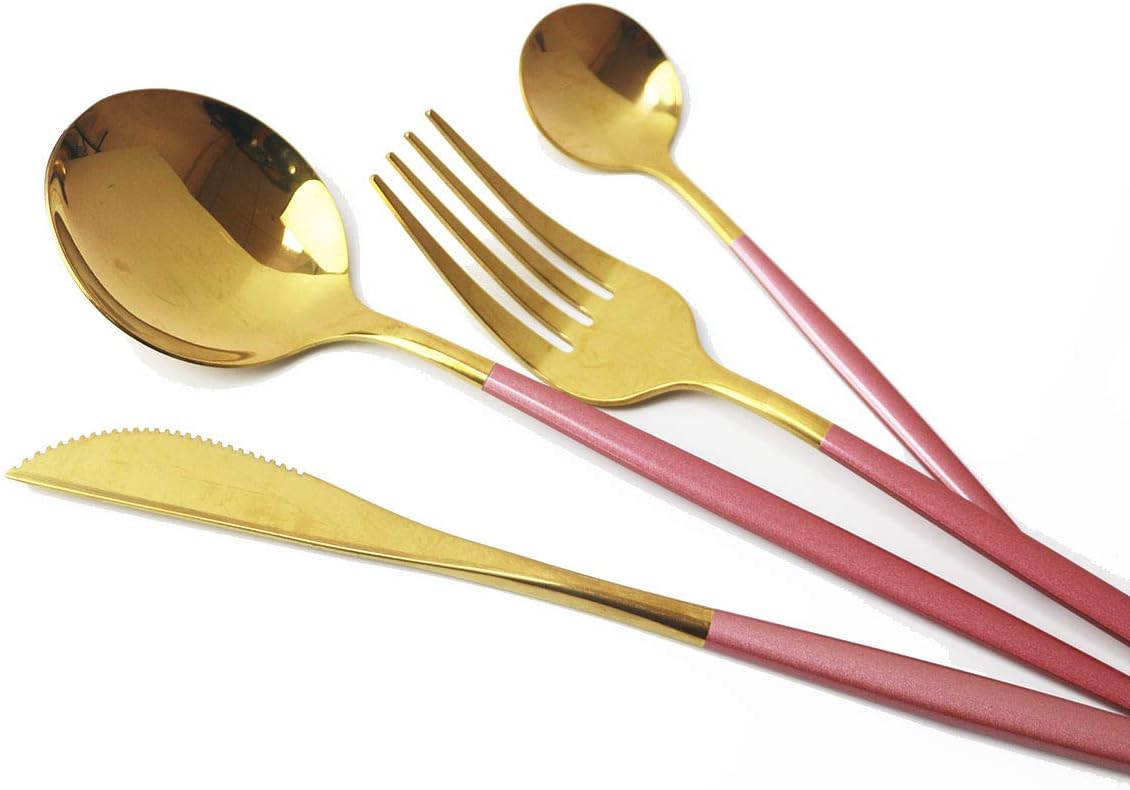 Gugrida 24-Piece Silverware Set - 18/10 Stainless Steel Reusable Utensils Forks Spoons Knives Set, Mirror Polished Cutlery Flatware Set, Great for Family Gatherings & Daily Use (6 set, Pink Handle)