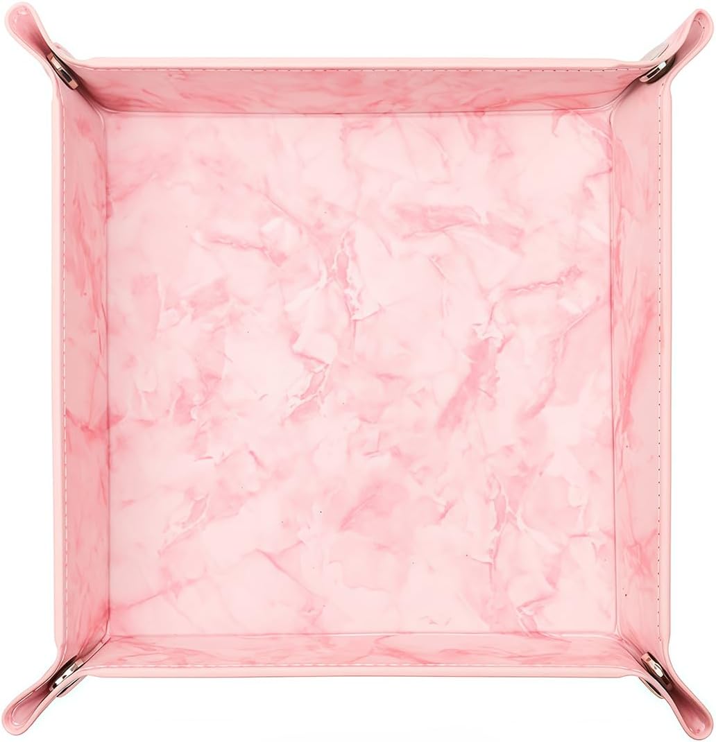 siduater Valet Tray Desktop Storage Organizer – Vegan Leather Catchall Bedside Vanity Tray Nightstand Caddy Holder for Remote Controller, Watch, Keys, Phone, Wallet, Coin, Jewelry, Marble Pink