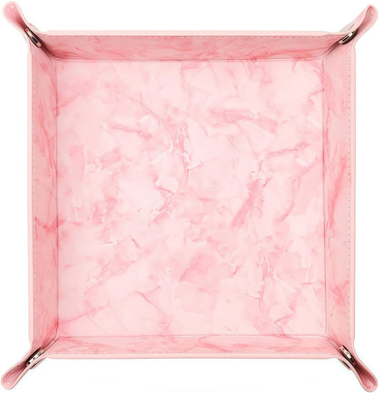 siduater Valet Tray Desktop Storage Organizer – Vegan Leather Catchall Bedside Vanity Tray Nightstand Caddy Holder for Remote Controller, Watch, Keys, Phone, Wallet, Coin, Jewelry, Marble Pink