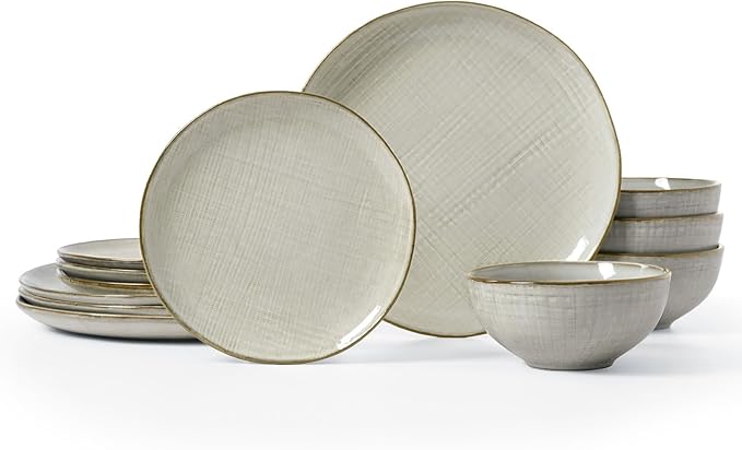 Famiware Moonlight Plates and Bowls Sets, 12 Pieces Stoneware Dinnerware Sets with Linen Finish, Handmade Dishware Set for 4, Microwave and Dishwasher Safe, Chip and Scratch Resistant, Summer Sand