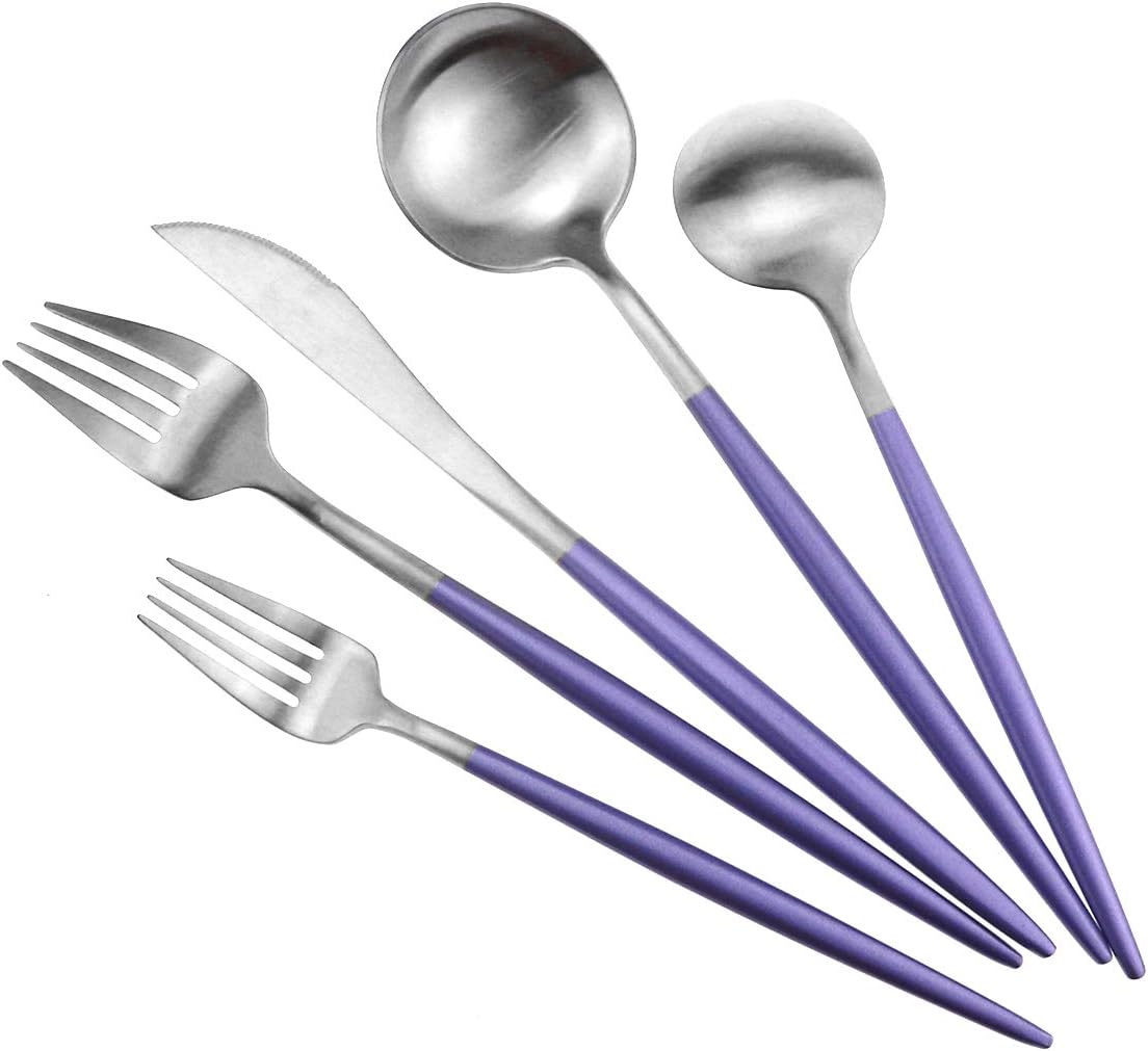 Gugrida Luxury Flatware, Royal 20 Piece Matte Purple Handle 18/10 Stainless Steel Tableware Sets for 4 Including Forks Spoons Knives, Camping Silverware Travel Utensils Set Cutlery (Purple Silver)