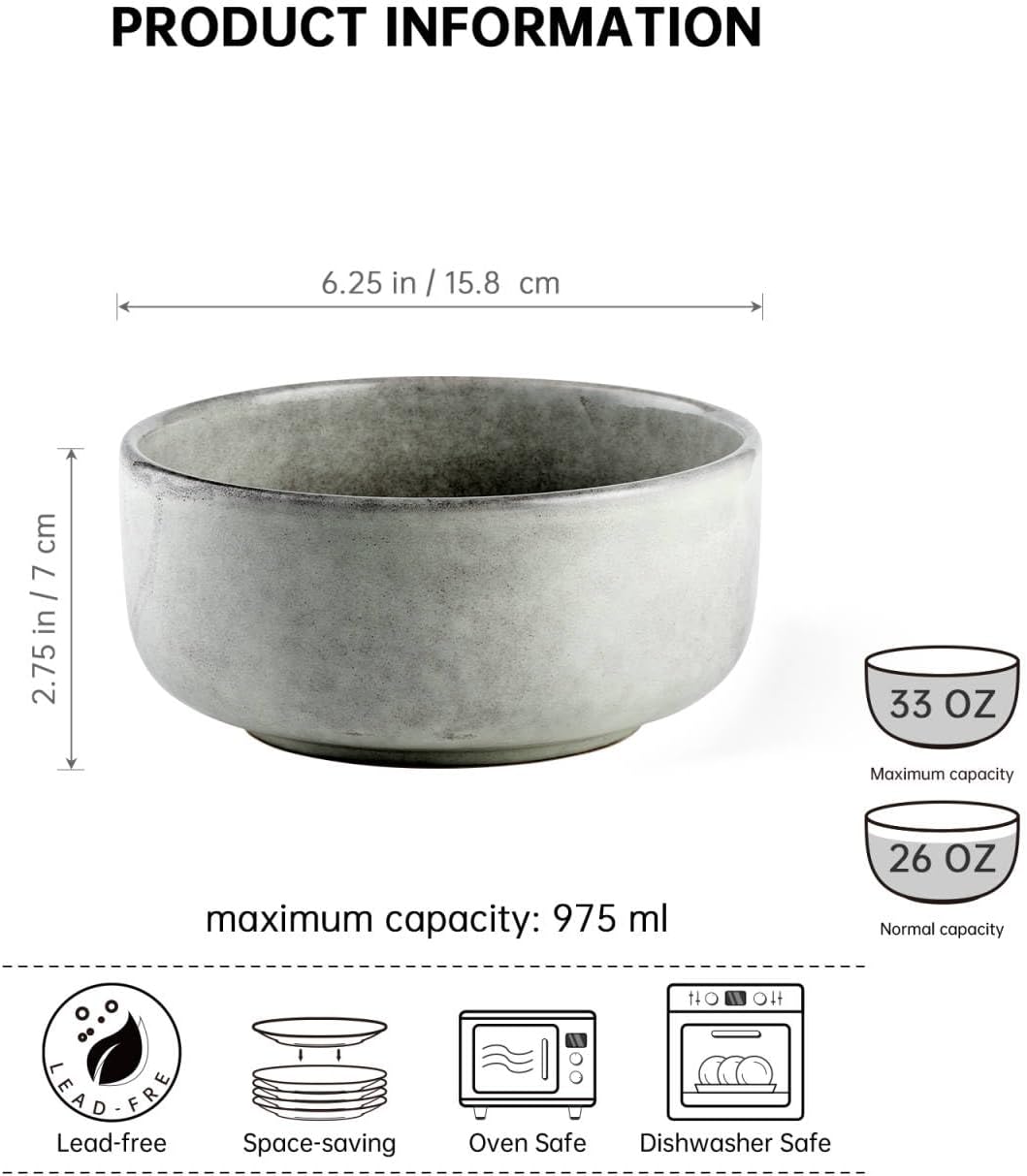 Henten Home Ceramic Otmeal Bowl Set of 4, 26 OZ Porcelain Bowls for Cereal, Salad, Soup, Noodle, Serving Stoneware Set, Reactive Glaze, Microwave & Dishwasher Safe (Grey)