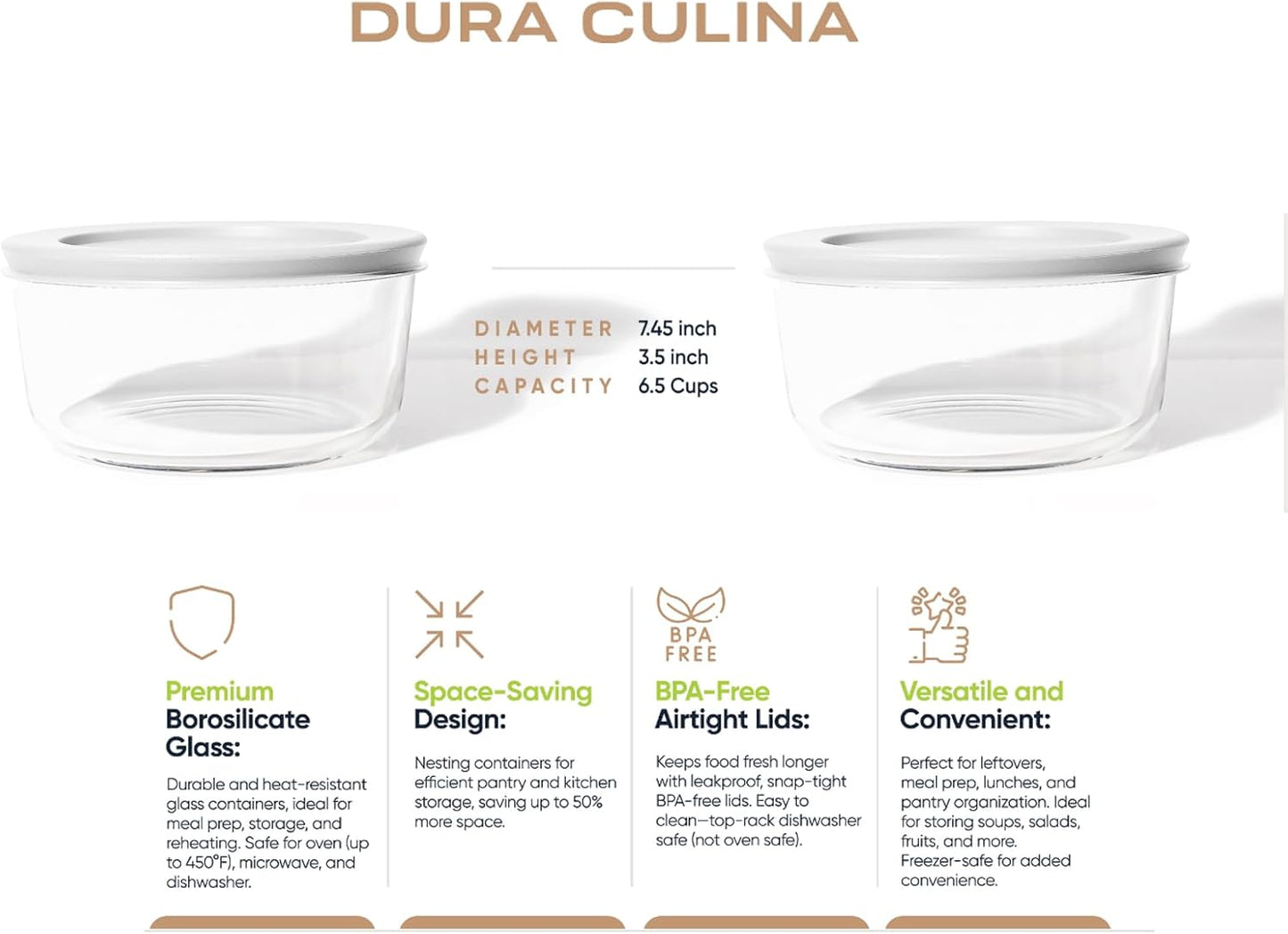 4-Piece Glass Food Storage Containers Set (2 Containers + 2 BPA-Free Lids) | 6.5-Cup, Leakproof | Microwave, Freezer, Oven & Dishwasher Safe | Ideal for Meal Prep & Pantry Organization, White