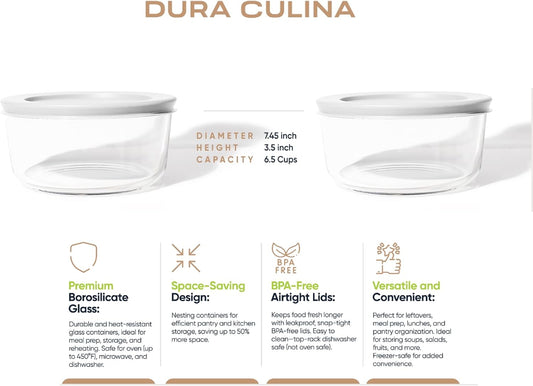 4-Piece Glass Food Storage Containers Set (2 Containers + 2 BPA-Free Lids) | 6.5-Cup, Leakproof | Microwave, Freezer, Oven & Dishwasher Safe | Ideal for Meal Prep & Pantry Organization, White